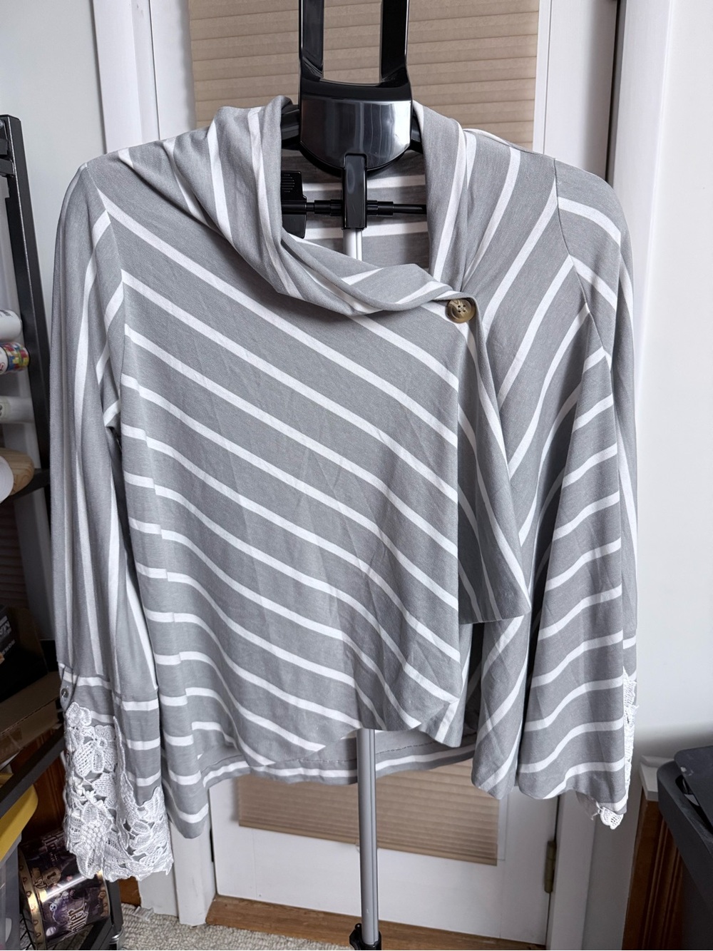 Striped Gray & White asymmetrical Draped Button cardigan Lace Trim button sleeve